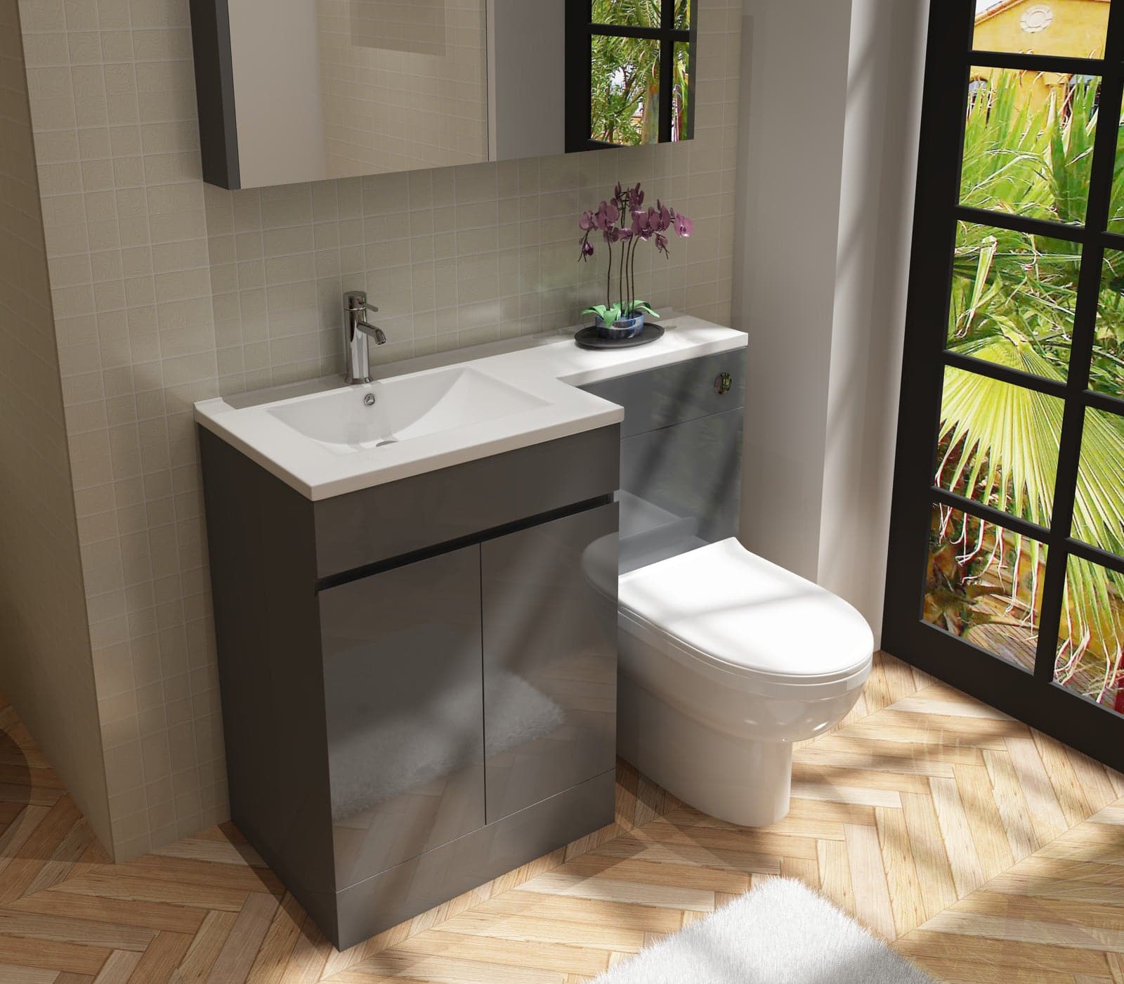 Gamma L Shape Vanity & WC Unit - LH - Anthracite Grey: Modern bathroom furniture set with toilet, stylish design for UK homes.
