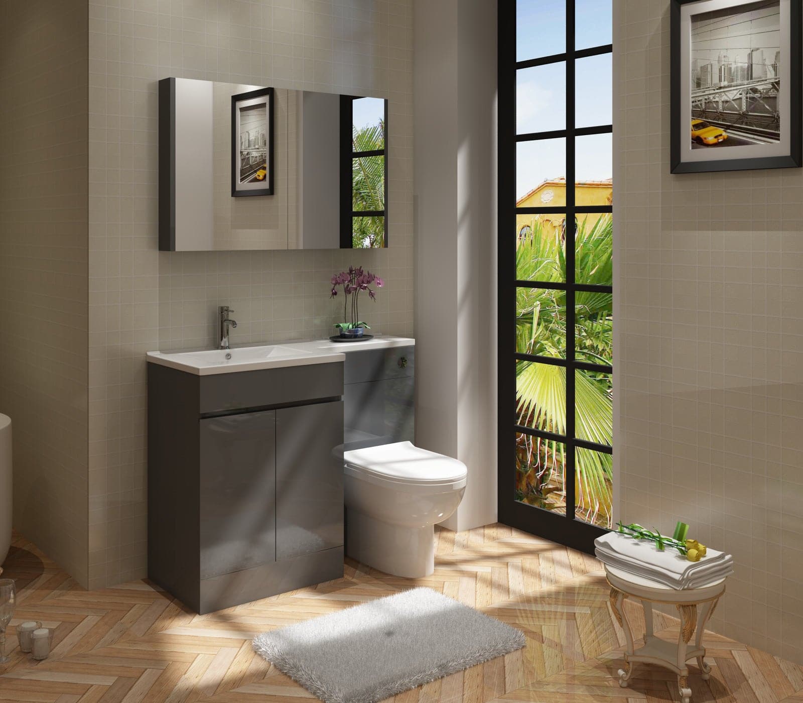 Gamma L Shape Vanity & WC Unit with Toilet - LH - Anthracite Grey, modern bathroom furniture, space-saving design, UK quality.