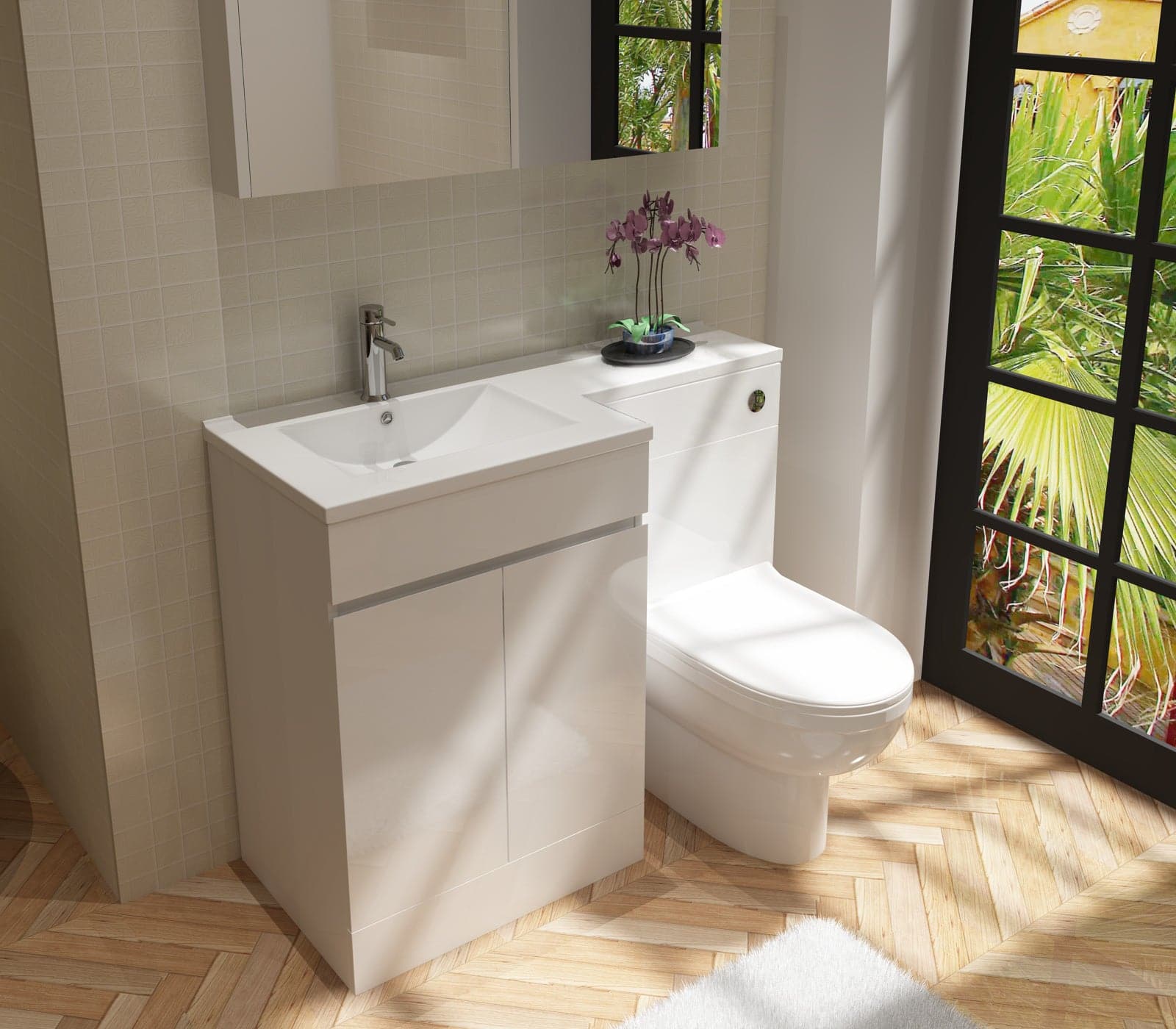 Gamma L Shape Vanity & WC Unit LH Gloss White, modern bathroom furniture, space-saving design, UK delivery