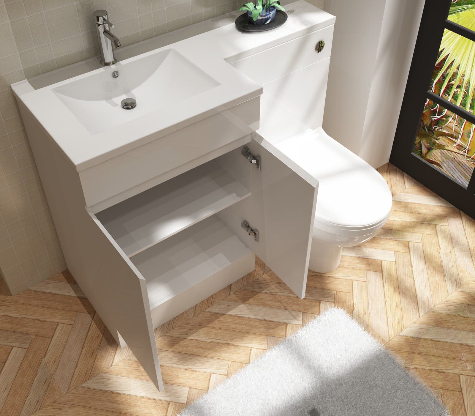 Gamma L Shape Vanity & WC Unit - LH - Gloss White. Stylish bathroom furniture set with toilet, ideal for modern UK homes. Buy now at Bathroom4Less.