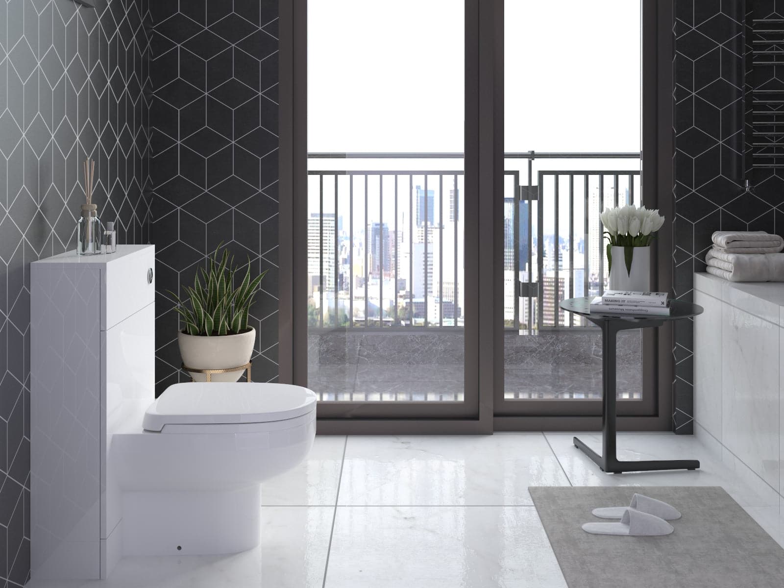 Gamma L Shape Vanity & WC Unit - LH Gloss White, modern bathroom storage solution, space-saving design, UK trends in home improvement.