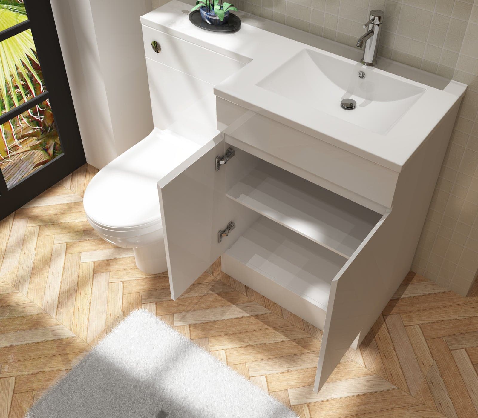 Gamma L Shape Vanity & WC Unit with Toilet - RH in Gloss White featuring sleek design, durable build, and efficient storage solution. Perfect for modern UK bathrooms.