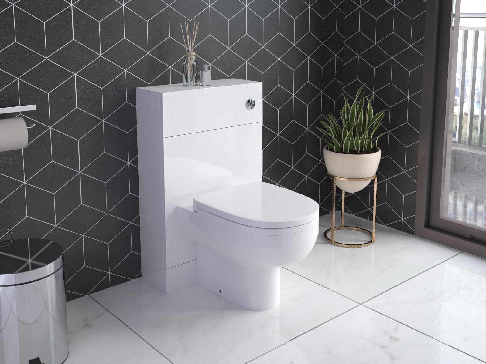 Gamma L Shape Vanity & WC Unit with Toilet - RH - Gloss White. Sleek, space-saving bathroom suite featuring a modern vanity unit and WC. Ideal for contemporary UK bathrooms.
