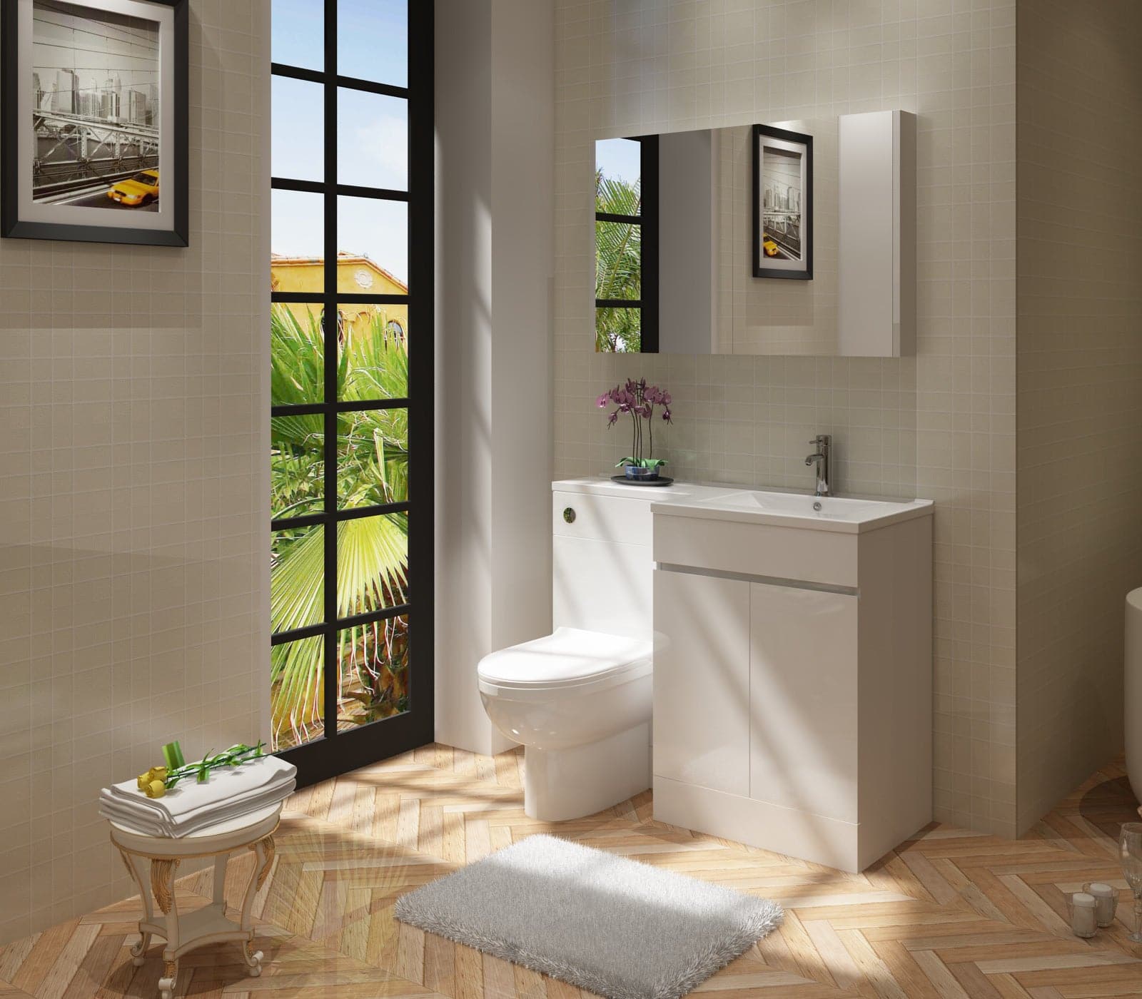 Gamma L Shape Vanity & WC Unit with Toilet - RH - Gloss White: Sleek, modern bathroom storage with integrated basin and toilet. Perfect for contemporary UK bathrooms.