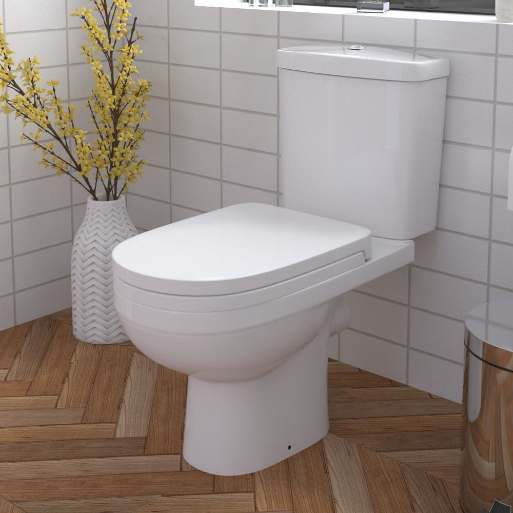 Modern White Close Coupled Toilet with Cistern, Soft Close Seat, and Bathroom WC (SLK630) for elegant, space-saving bathroom design at Bathroom4less UK.