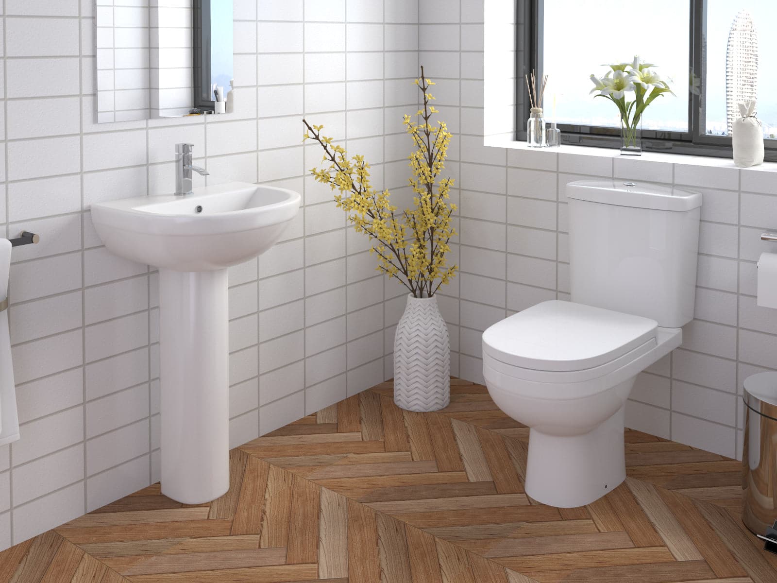 Modern white close coupled toilet with soft close seat and cistern. Features sleek design and water-saving flush. Ideal for contemporary bathrooms in the UK. Model SLK630.