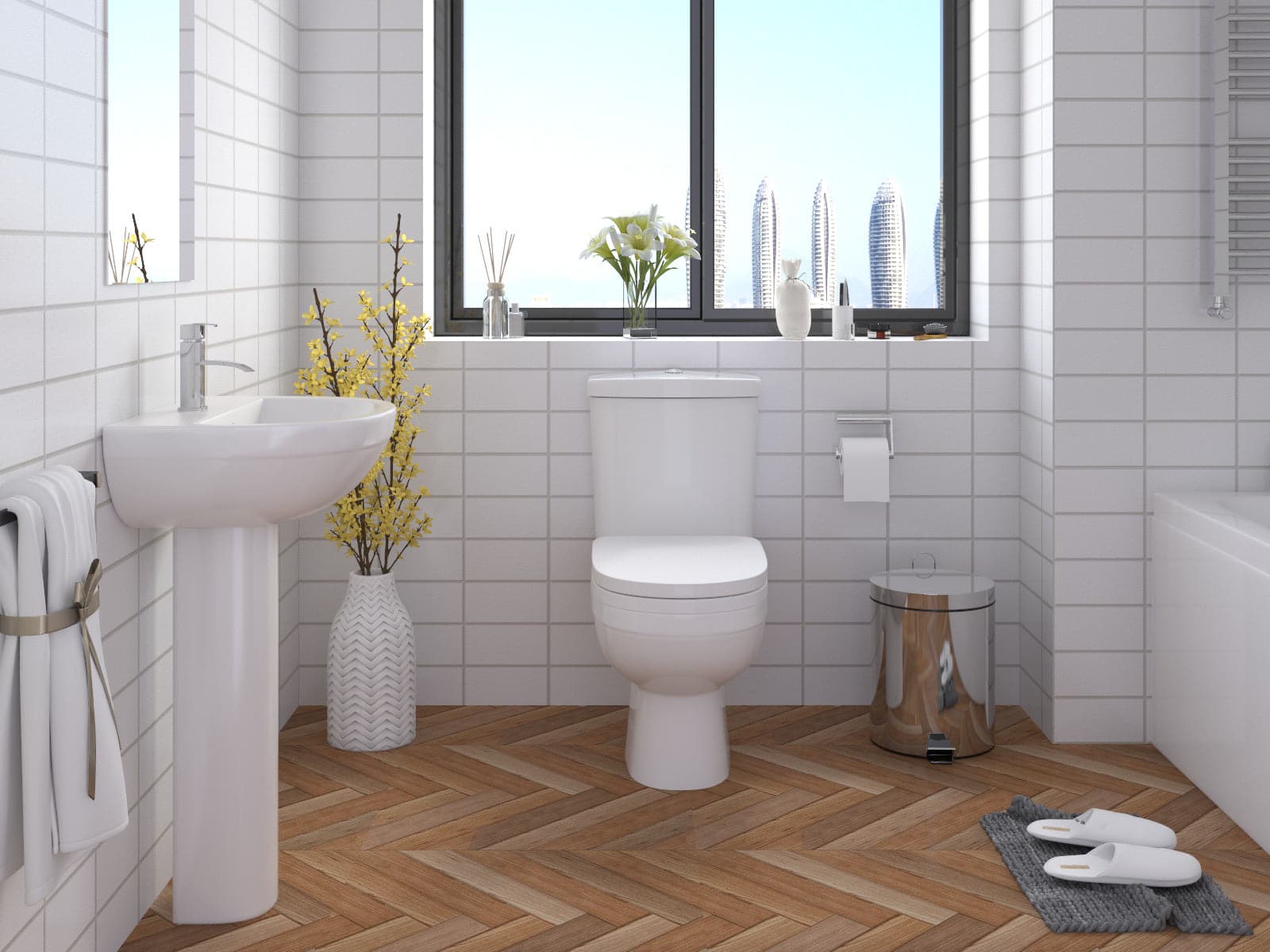 Modern white close coupled toilet with cistern and soft close seat (SLK630) for bathroom. Sleek design, easy clean, and water-saving. Ideal for UK bathrooms.