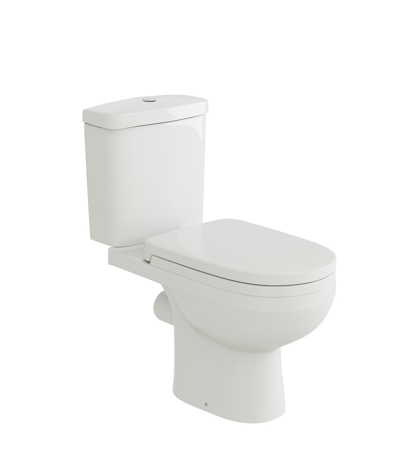 Modern white close coupled toilet with soft close seat and cistern. Sleek design WC (SLK630) for contemporary bathrooms. Ideal for small spaces. Shop now at Bathroom4Less.