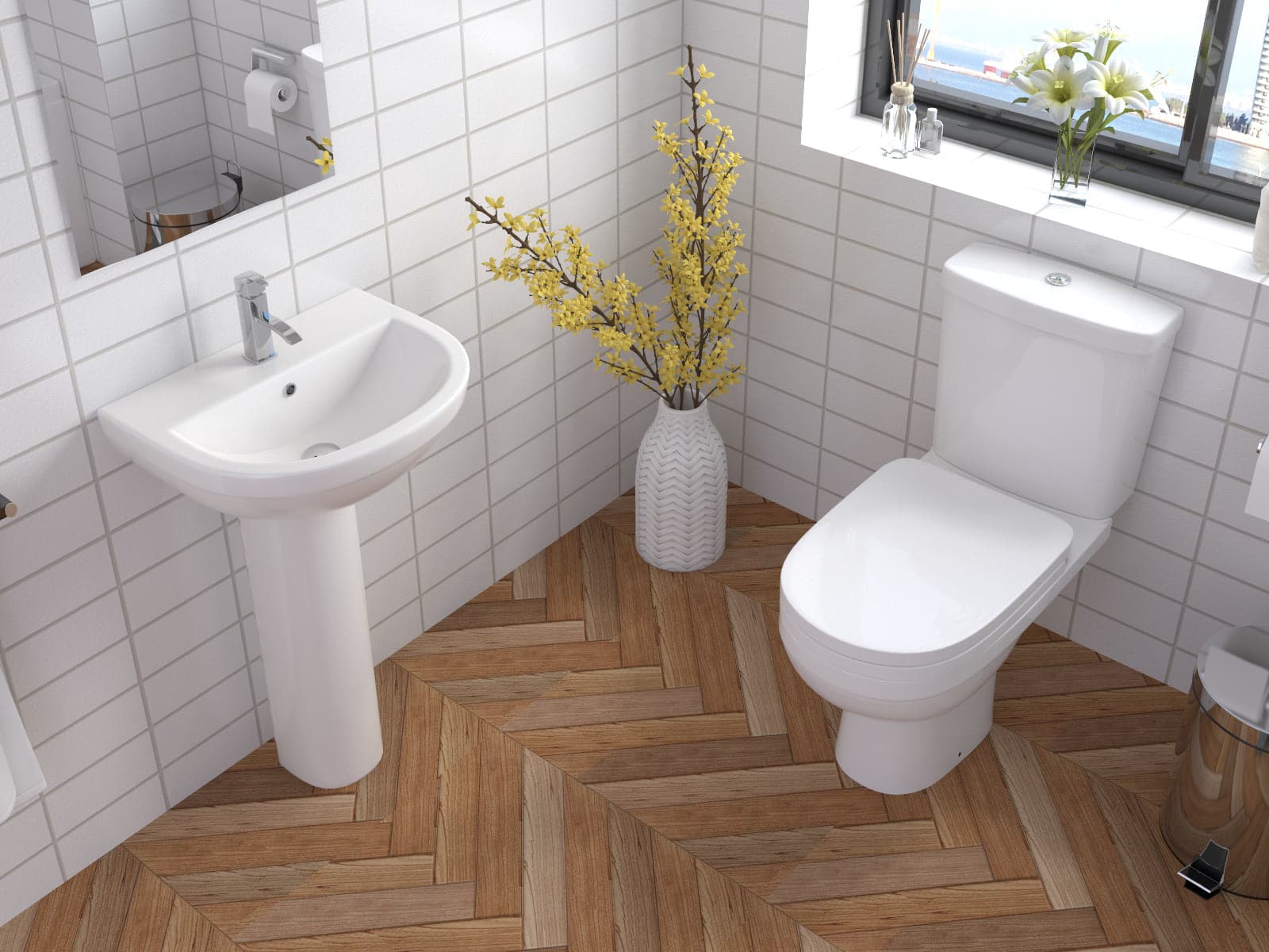 Modern white close coupled toilet with cistern and soft close seat, perfect for contemporary bathrooms. Efficient, stylish WC (SLK630) for Bathroom4less UK.