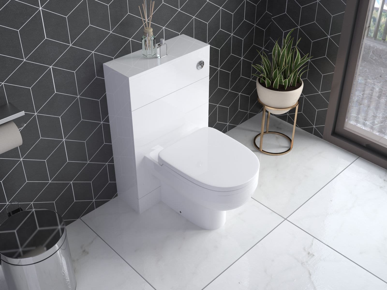 Modern white close coupled toilet with cistern and soft close seat (SLK630) for a contemporary bathroom. Ideal for stylish UK bathrooms. Available at Bathroom4less.