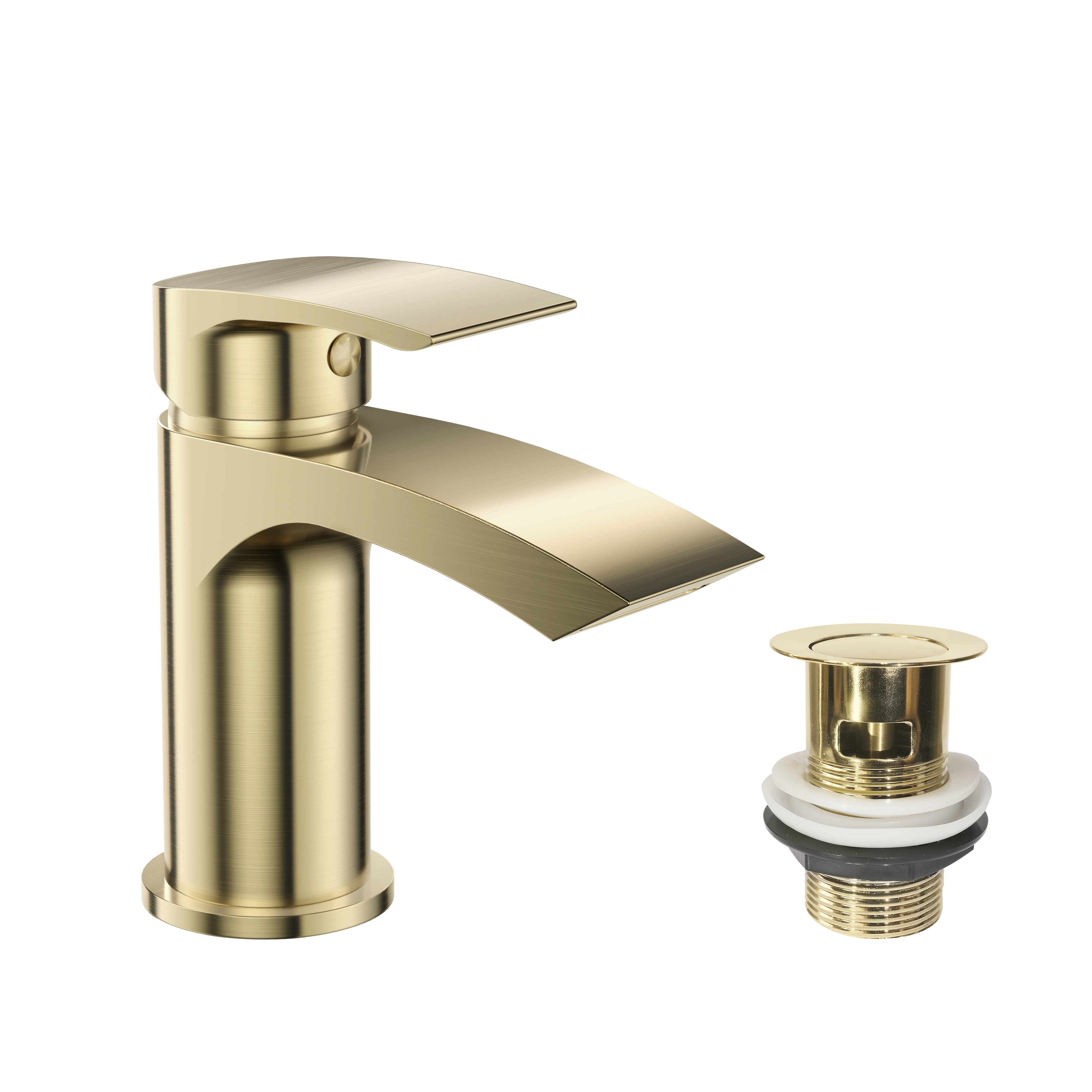 Modern Carter Mono Basin Mixer with Waste in Brushed Brass finish, ideal for contemporary bathrooms. Buy now for stylish bathroom upgrades. Best price online at Bathroom4Less.