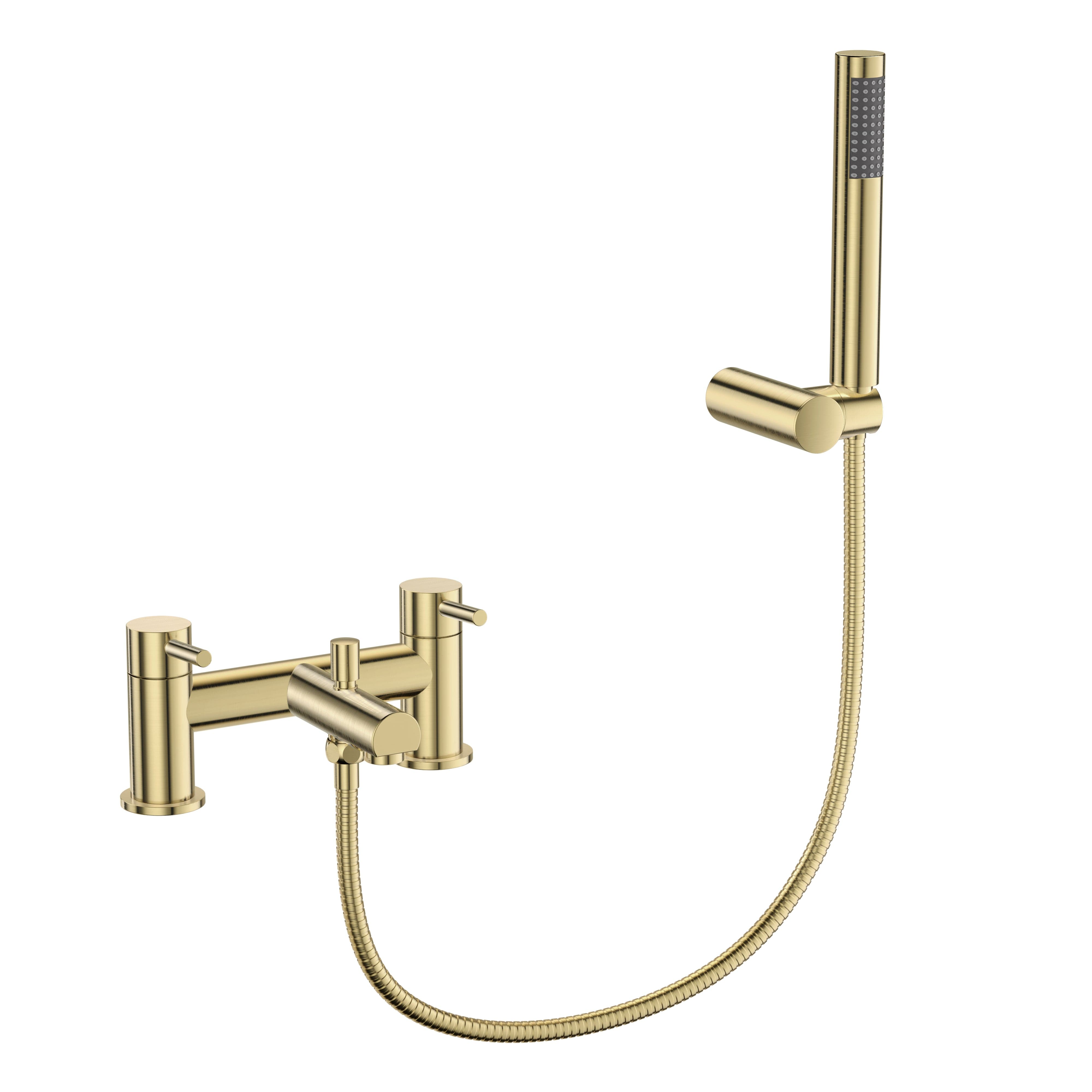 Elegant Dixon Round Lever Bath Shower Mixer Tap in Brushed Brass finish, complete with shower kit. Modern design, high-quality bathroom tap for contemporary UK homes.