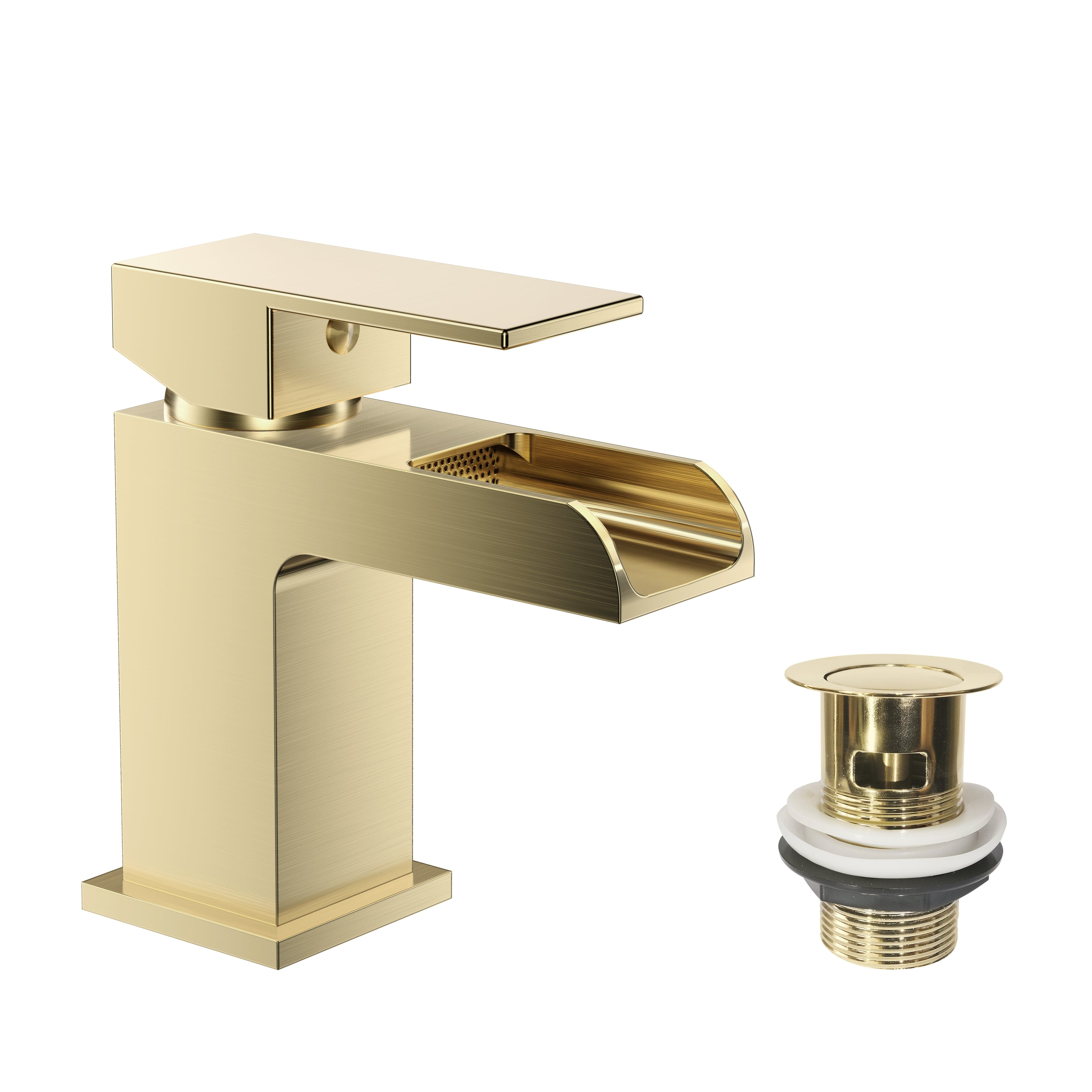 Kelvin Square Waterfall Mono Basin Mixer Tap with Waste in Brushed Brass finish, stylish bathroom fixture, UK trend.