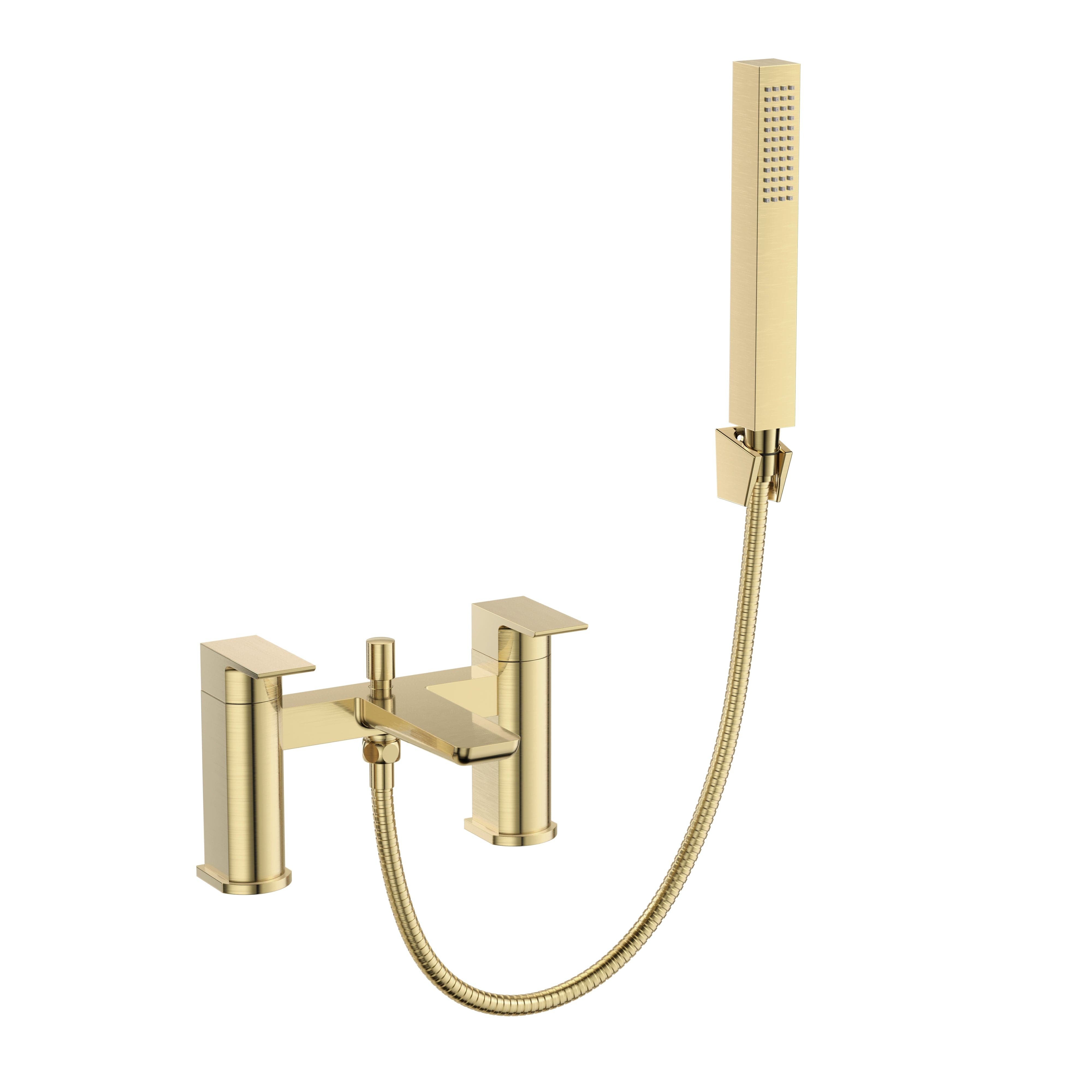 Lunar Soft Square Bath Shower Mixer Tap with Kit in Brushed Brass - Elegant and modern bath shower mixer tap for luxurious bathrooms. Trendy bathroom fixtures UK.