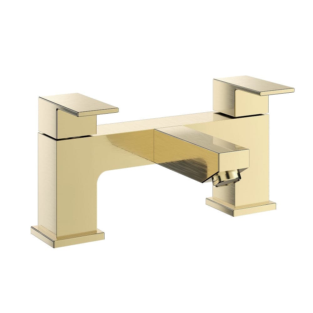 Elegant Munro Square Bath Filler Mixer Tap in Brushed Brass, featuring a modern design perfect for luxury bathrooms. Premium quality, durable finish, and sleek style. Ideal for contemporary and traditional bathroom trends in the UK.