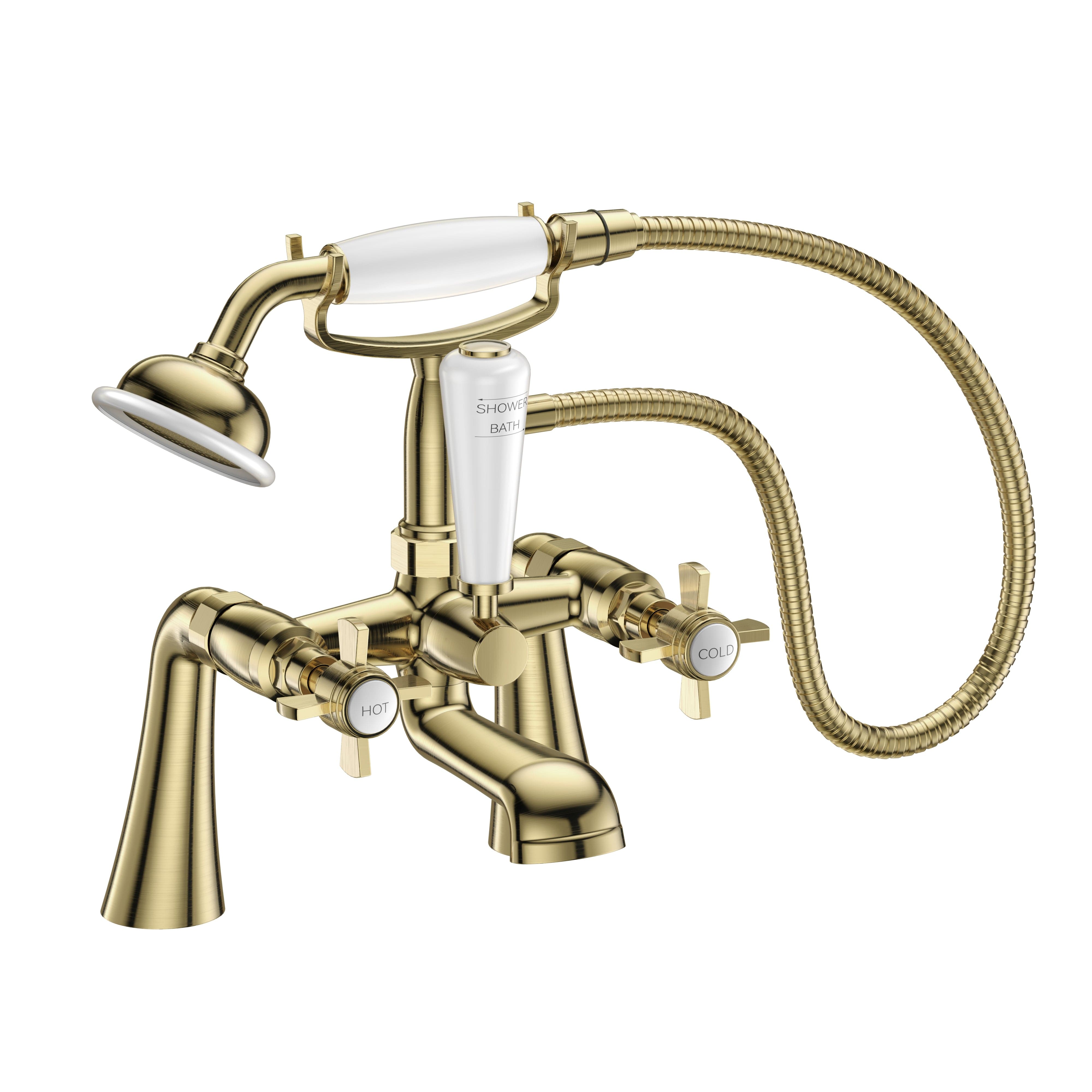 Regency Traditional Bath Shower Mixer Tap with Kit in Brushed Brass, elegant design for UK bathrooms. Buy now at Bathroom4Less.