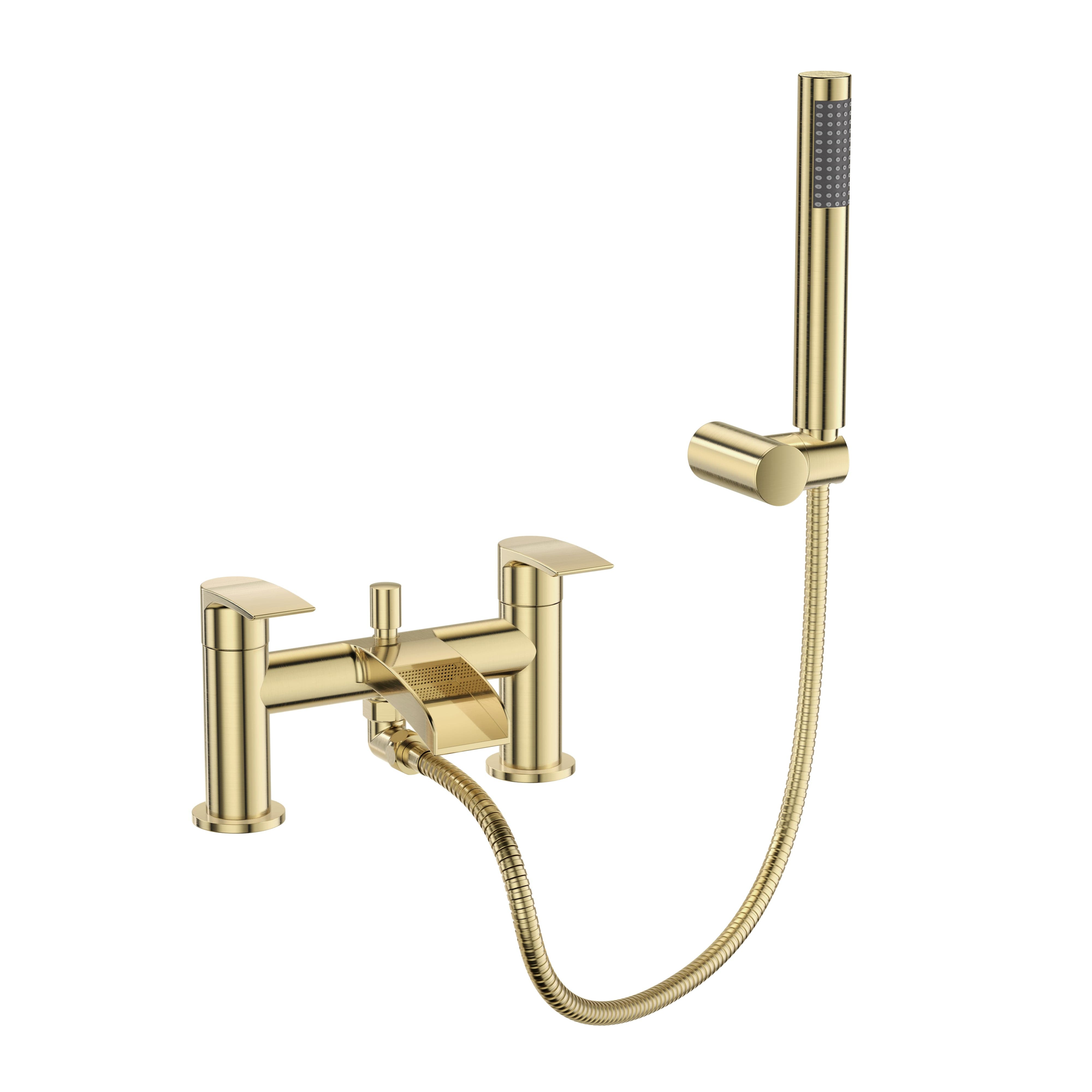 Symphony Round Waterfall Bath Shower Mixer Tap with Kit - Brushed Brass, elegant design, ideal for modern bathrooms. Buy now for quality and style!