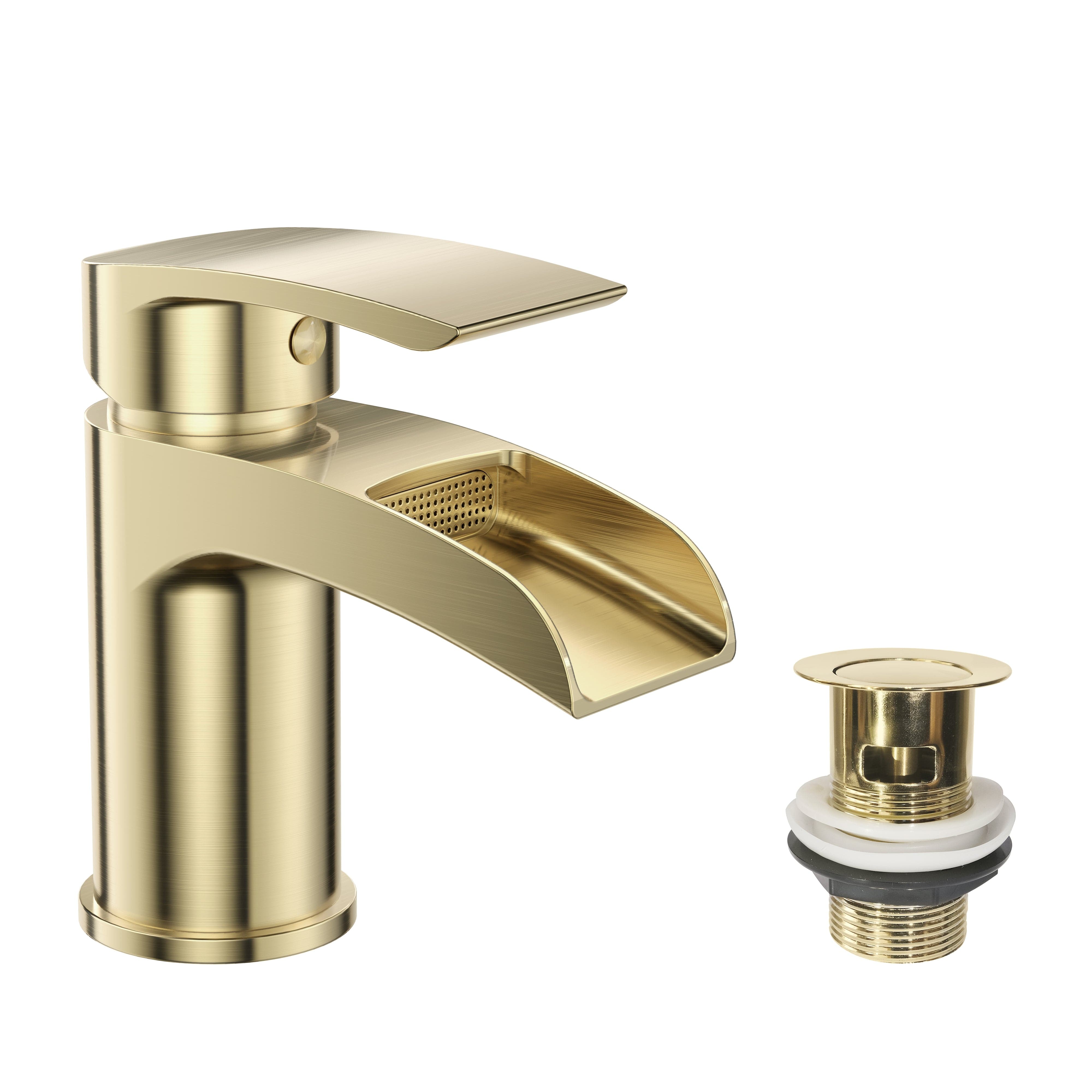 Symphony Round Waterfall Mono Basin Mixer Tap with Waste in Brushed Brass finish, stylish bathroom essential. Buy now for modern UK homes.