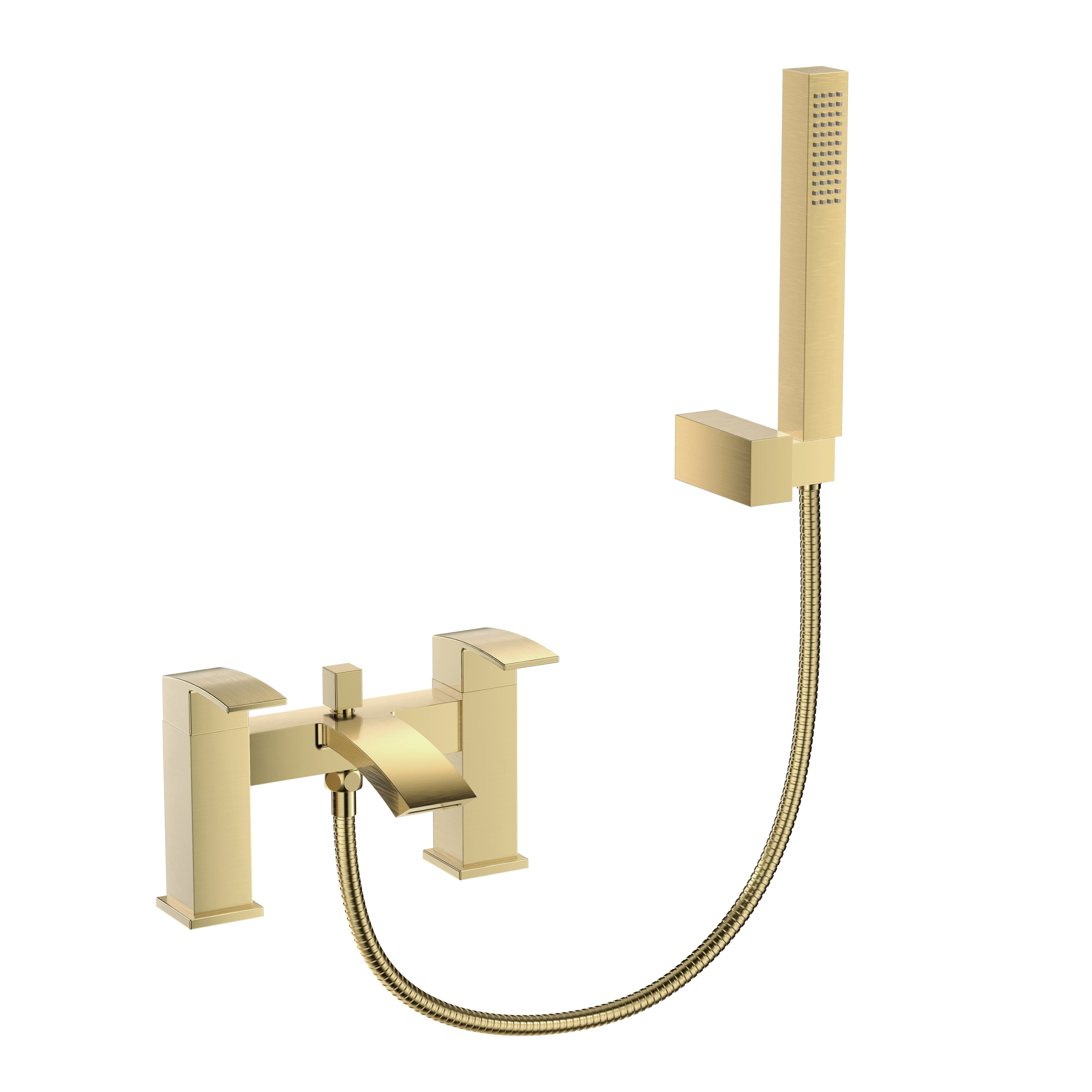 Trace Bath Shower Mixer Tap - Brushed Brass. Stylish bathroom fixture, modern design, UK trend.