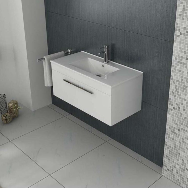 Venus 800 White WH unit and Slim basin, modern bathroom vanity with storage, contemporary design, white gloss finish, compact bathroom furniture, UK trend.