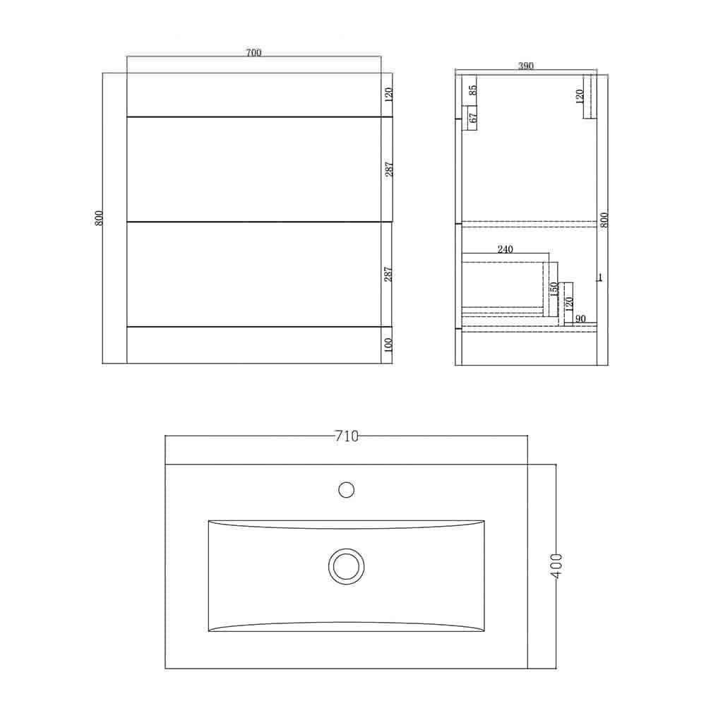 Venus 700 Mid Edged Basin Unit -2 Storage Section, contemporary bathroom storage solution, UK home décor.