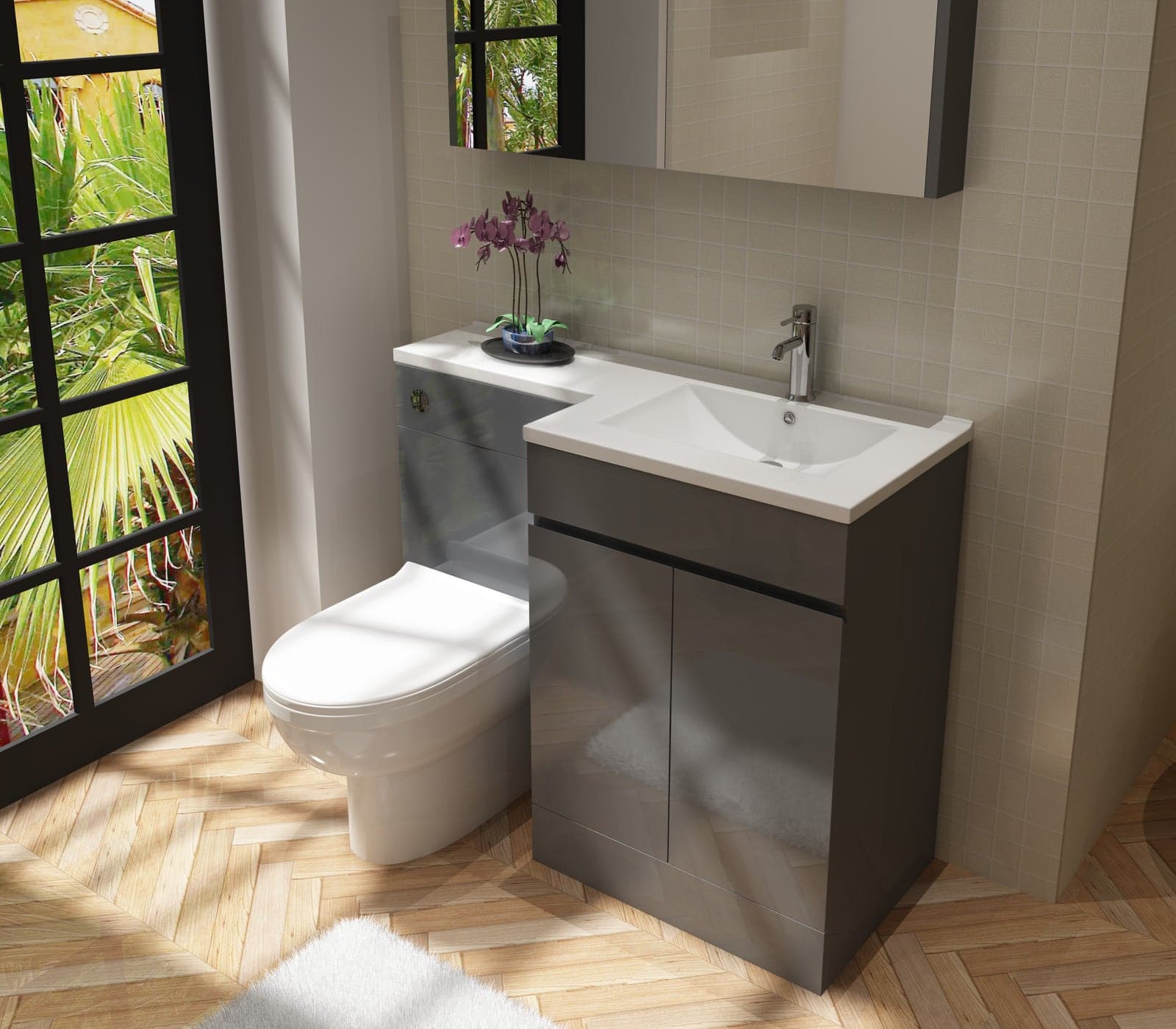 Gamma L Shape Vanity & WC Unit - RH - Anthracite Grey | Bathroom4Less UK. Stylish, space-saving design for modern bathrooms.