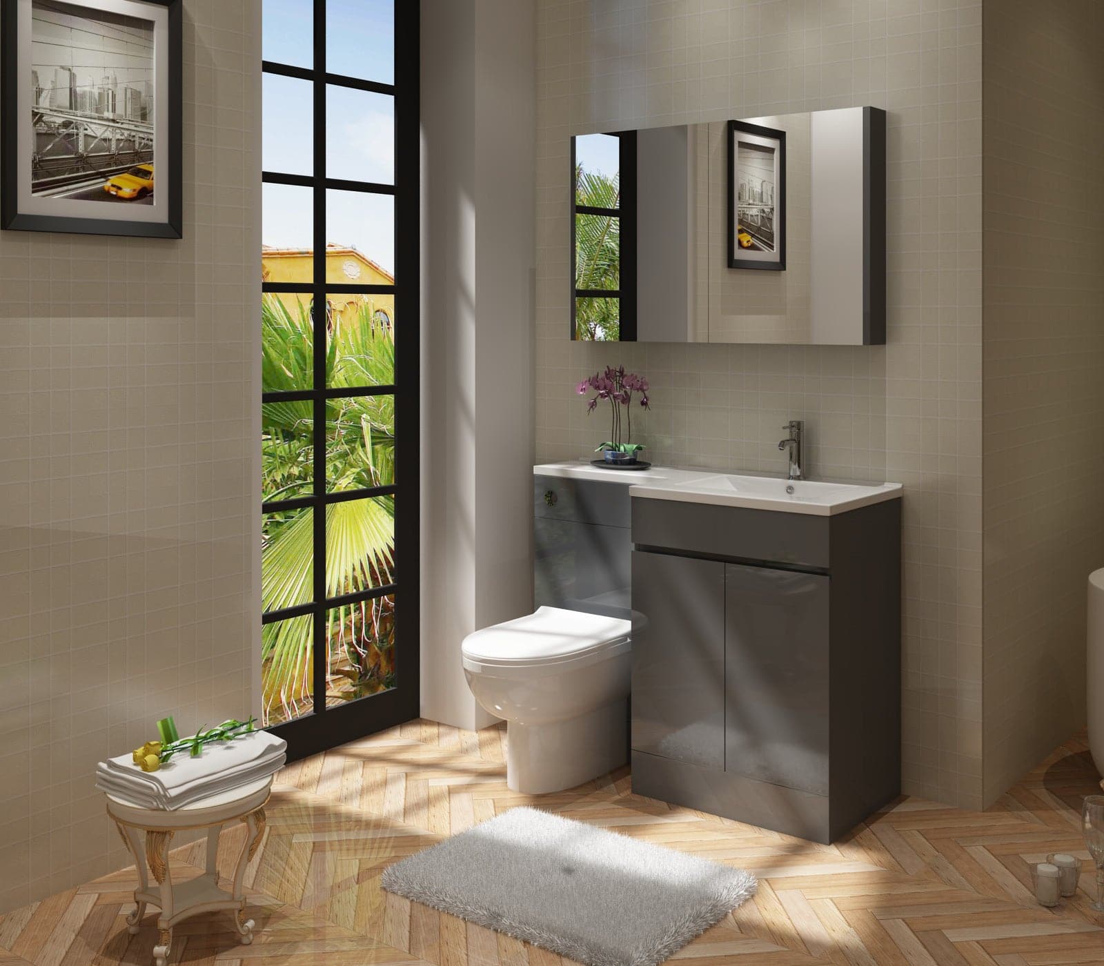 Gamma L Shape Vanity & WC Unit - RH - Anthracite Grey | Stylish bathroom furniture set with toilet. Ideal for modern UK homes.