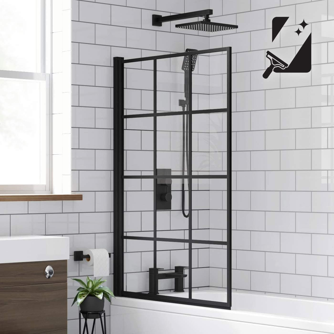 Modern Designer Folding Shower Bath Screen - 1400mm x 800mm - Matt Black