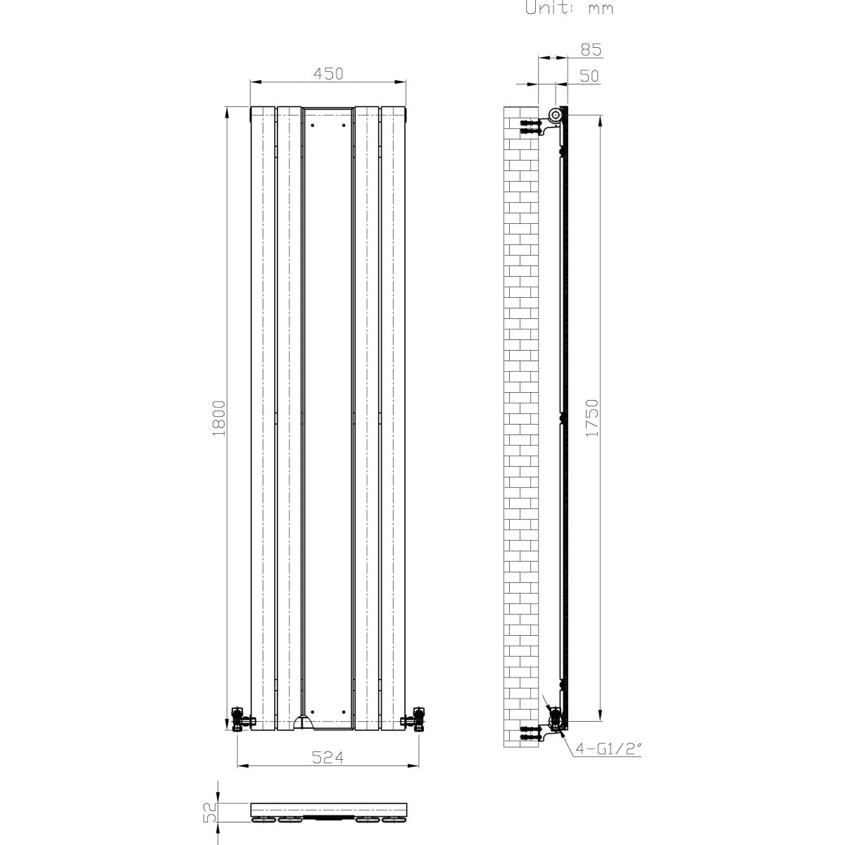 Belgravia Vertical Single Slim Flat Mirrored Panel Radiator Anthracite Grey