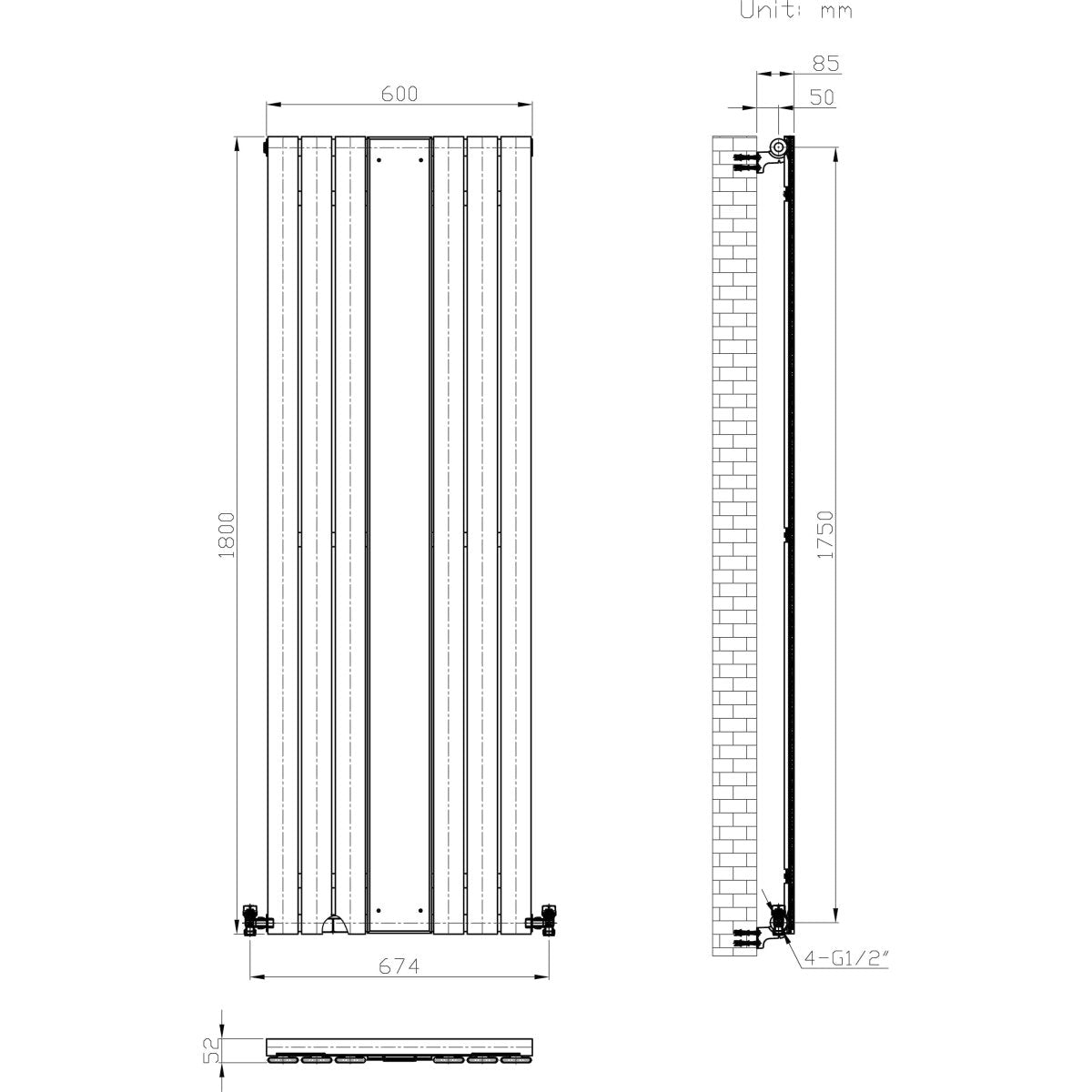 Belgravia Vertical Single Slim Flat Mirrored Panel Radiator Anthracite Grey