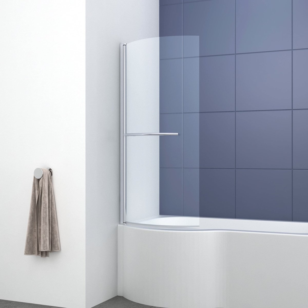 Modern Curved Shower Bath Screen With Towel Rail - 6mm Glass - 1435mm x 720mm - Chrome