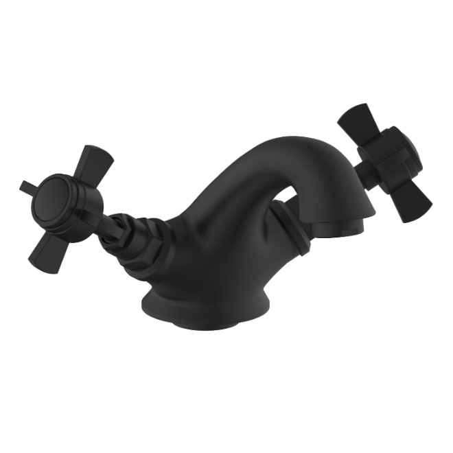Regency Traditional Mono Basin Mixer Tap with Waste in Matt Black finish, perfect for elegant and vintage bathroom designs. Trendy UK choice for stylish fixtures.