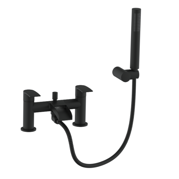 Symphony Round Waterfall Bath Shower Mixer Tap with Kit in Matt Black. Modern matte black finish, sleek round design, perfect for contemporary bathrooms. High-quality, trending.