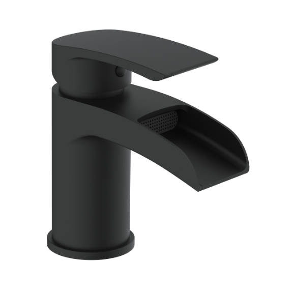 Symphony Round Waterfall Mono Basin Mixer Tap with Waste - Matt Black, contemporary bathroom tap with sleek design, durable finish, perfect for modern UK bathrooms.