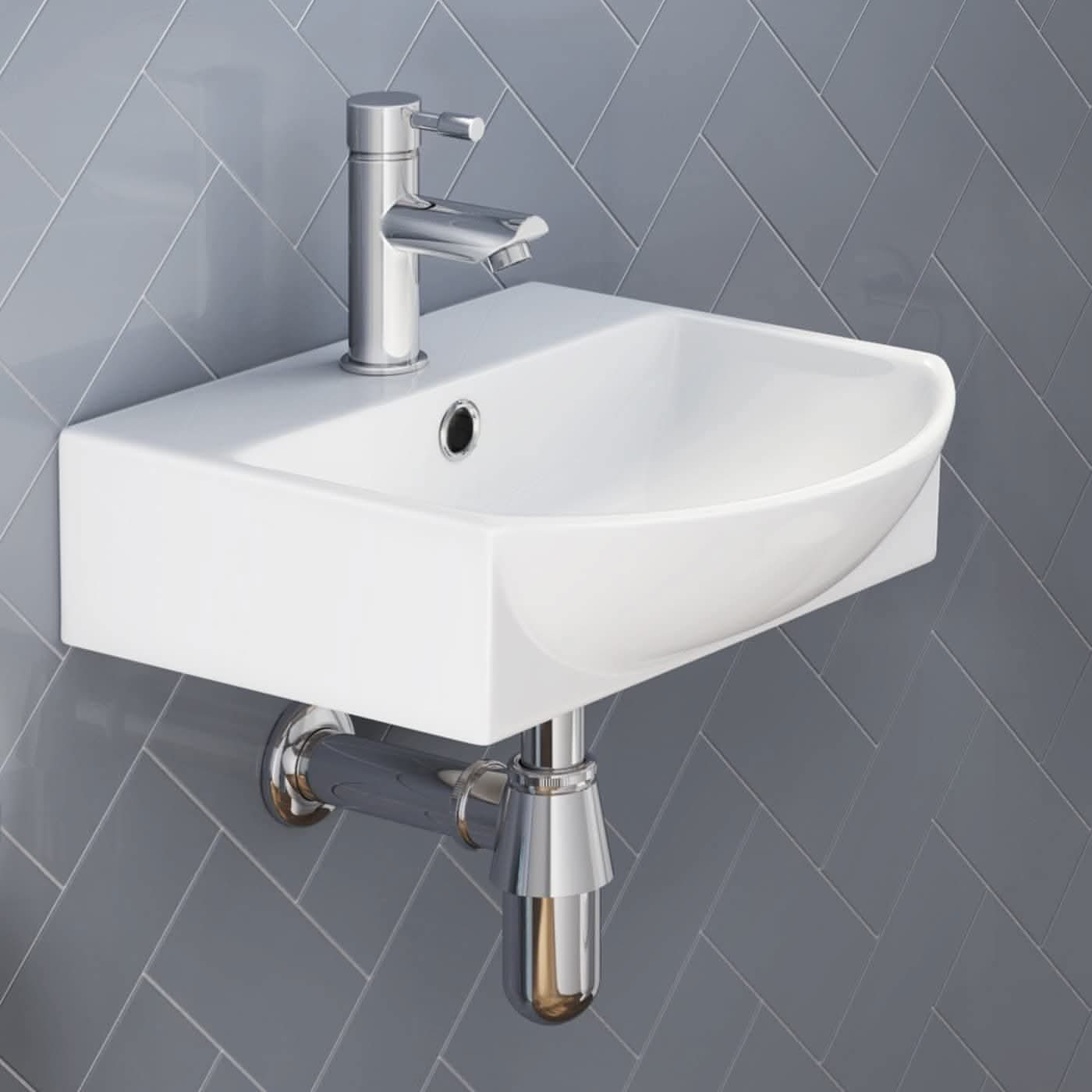 Modern Curved Ceramic Wall Hung Basin - 350mm x 350mm - Gloss White ...