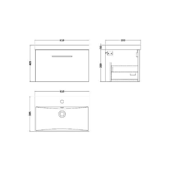 Nuie Wall Hung Vanity Units,Modern Vanity Units,Basins With Wall Hung Vanity Units,Nuie Nuie Arno 1 Drawer Wall Hung Vanity Unit With Basin-3 600mm Wide