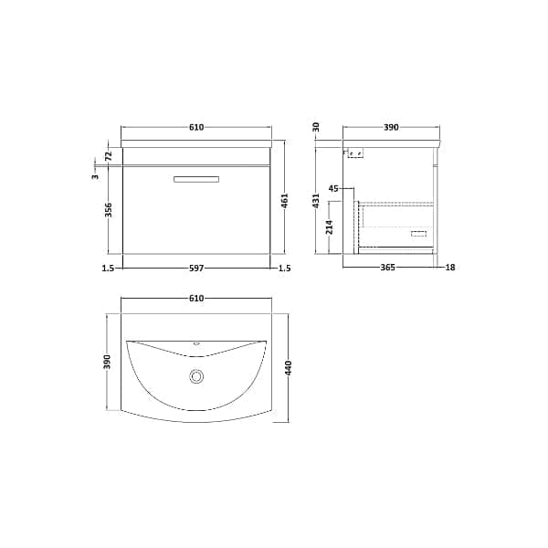 Nuie Wall Hung Vanity Units,Modern Vanity Units,Basins With Wall Hung Vanity Units,Nuie Nuie Athena 1 Drawer Wall Hung Vanity Unit With Basin-4 600mm Wide