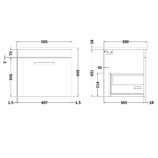 Nuie Wall Hung Vanity Units,Modern Vanity Units,Basins With Wall Hung Vanity Units,Nuie Nuie Athena 1 Drawer Wall Hung Vanity Unit With Worktop 500mm Wide