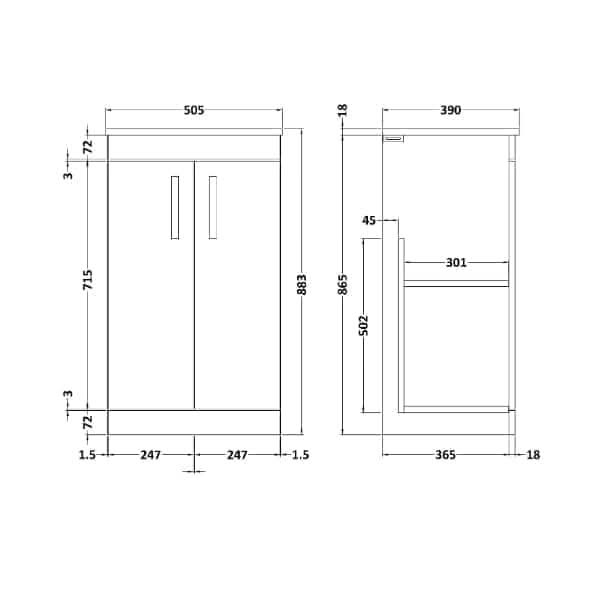 Nuie Floor Standing Vanity Units,Modern Vanity Units,Basins With Floor Standing Vanity Units, Nuie Nuie Athena 2 Door Floorstanding Vanity Unit With Worktop 500mm Wide