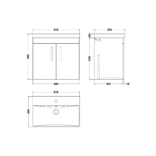 Nuie Wall Hung Vanity Units,Modern Vanity Units,Basins With Wall Hung Vanity Units,Nuie Nuie Athena 2 Door Wall Hung Vanity Unit With Basin-3 600mm Wide