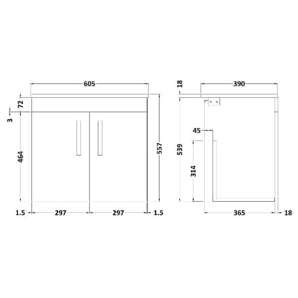 Nuie Wall Hung Vanity Units,Modern Vanity Units,Basins With Wall Hung Vanity Units,Nuie Nuie Athena 2 Door Wall Hung Vanity Unit With Worktop 600mm Wide