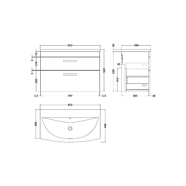 Nuie Wall Hung Vanity Units,Modern Vanity Units,Basins With Wall Hung Vanity Units,Nuie Nuie Athena 2 Drawer Wall Hung Vanity Unit With Basin-4 800mm Wide