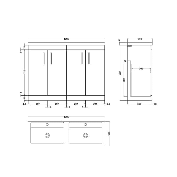 Nuie Floor Standing Vanity Units,Modern Vanity Units,Basins With Floor Standing Vanity Units,Nuie Nuie Athena 4 Door Floorstanding Vanity Unit With Double Basin 1200mm Wide