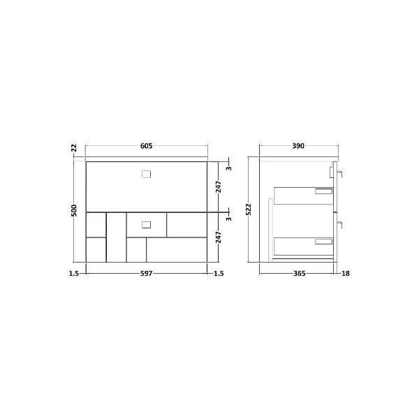 Nuie Wall Hung Vanity Units,Modern Vanity Units,Basins With Wall Hung Vanity Units,Nuie Nuie Blocks 2 Drawer Wall Hung Vanity Unit With Sparkling White Worktop 600mm Wide