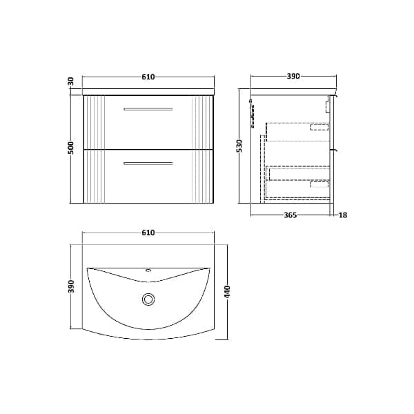 Nuie Wall Hung Vanity Units,Modern Vanity Units,Basins With Wall Hung Vanity Units,Nuie Nuie Deco 2 Drawer Wall Hung Vanity Unit With Basin-4 600mm Wide